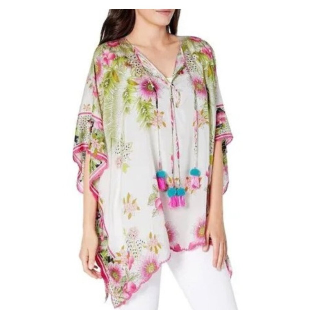 Johnny Was Floral-Print Silk Caftan/Top w/ Pom Pom Ties One Size Fit All